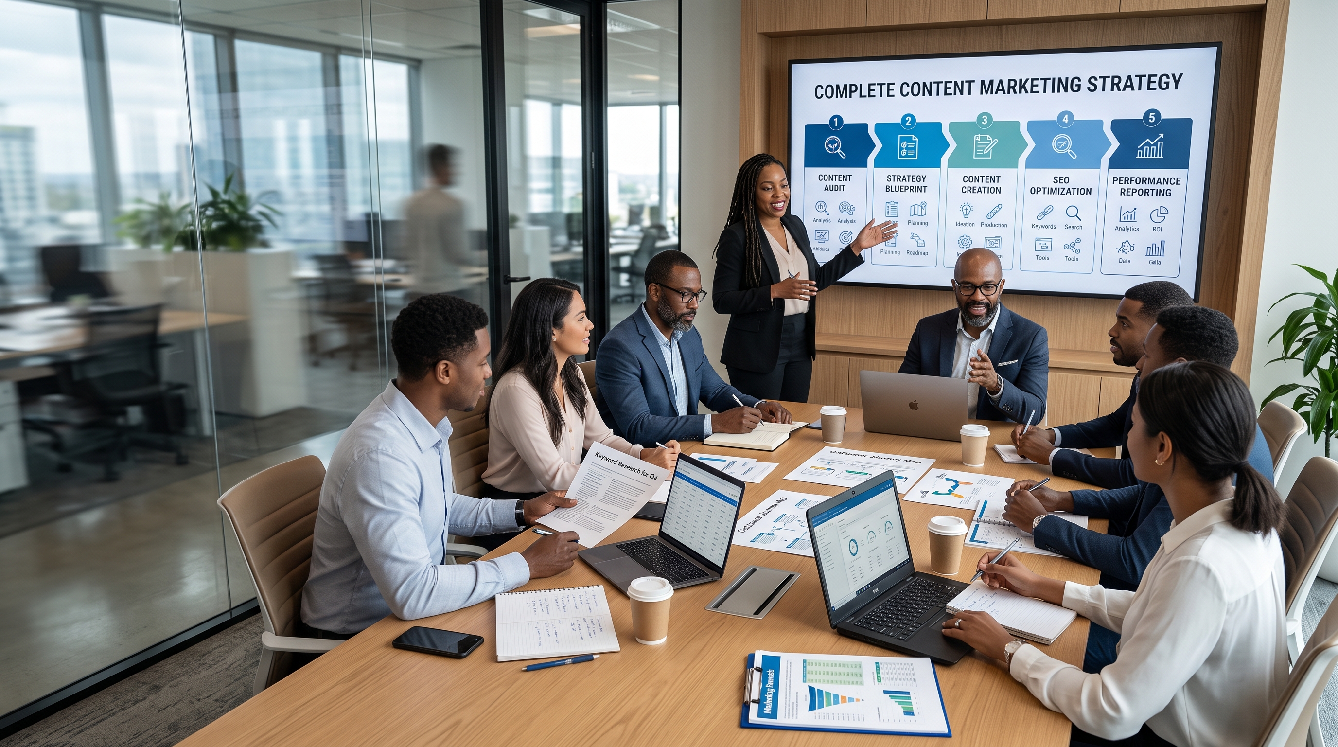 Black marketing team planning a five-phase content marketing strategy for SEO and business growth. Black marketing team planning a five-phase content marketing strategy for SEO and business growth.
