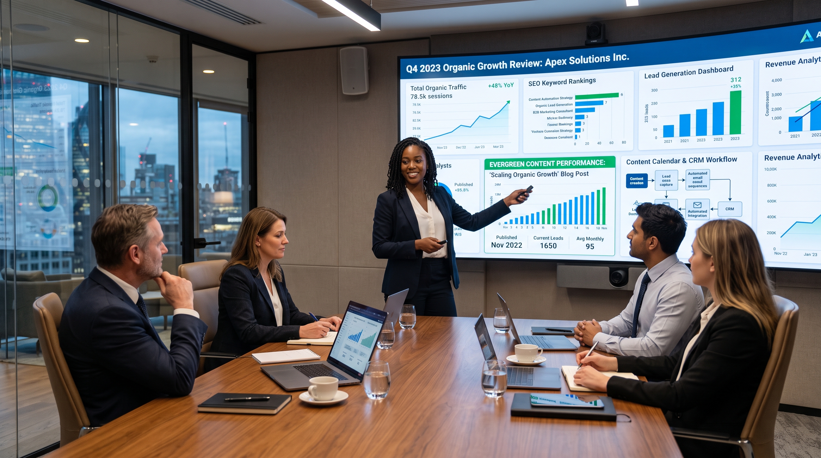 Black business consultant presenting always-on content marketing results with SEO growth and lead generation dashboards. Black business consultant presenting always-on content marketing results with SEO growth and lead generation dashboards.