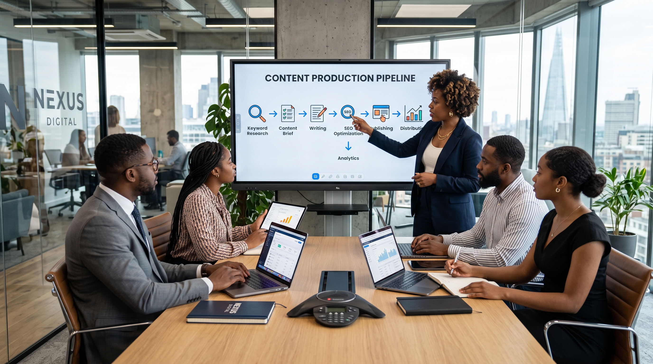 Black digital marketing team building an automated content creation and publishing workflow. Black digital marketing team building an automated content creation and publishing workflow.
