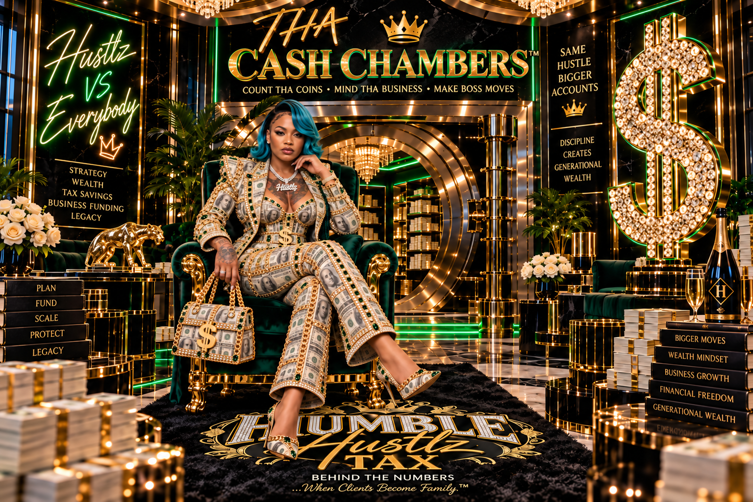 THA CASH CHAMBERS™ — Count Tha Coins • Mind Tha Business • Make Boss Moves. Approved green-and-gold room design.