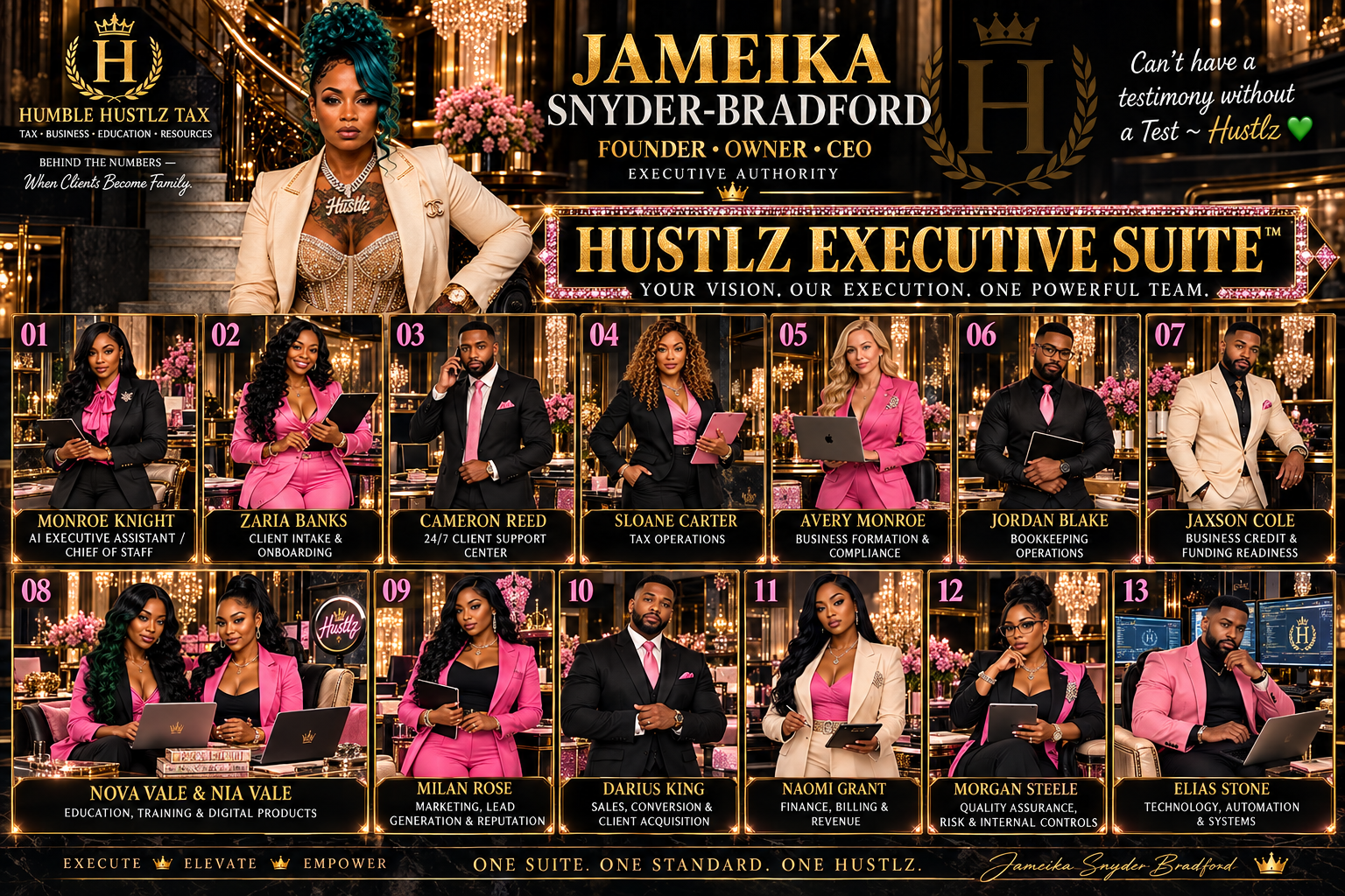 HUSTLZ EXECUTIVE SUITE™ approved 13-agent lineup: Monroe Knight, Zaria Banks, Cameron Reed, Sloane Carter, Avery Monroe, Jordan Blake, Jaxson Cole, Nova Vale and Nia Vale in slot 8, Milan Rose, Darius King, Naomi Grant, Morgan Steele and Elias Stone, with Jameika Snyder-Bradford as founder, owner and CEO.