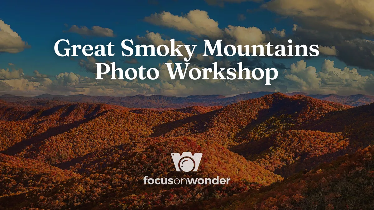 Great Smoky Mountains Photo Workshop promotional graphic over fall-colored ridgelines