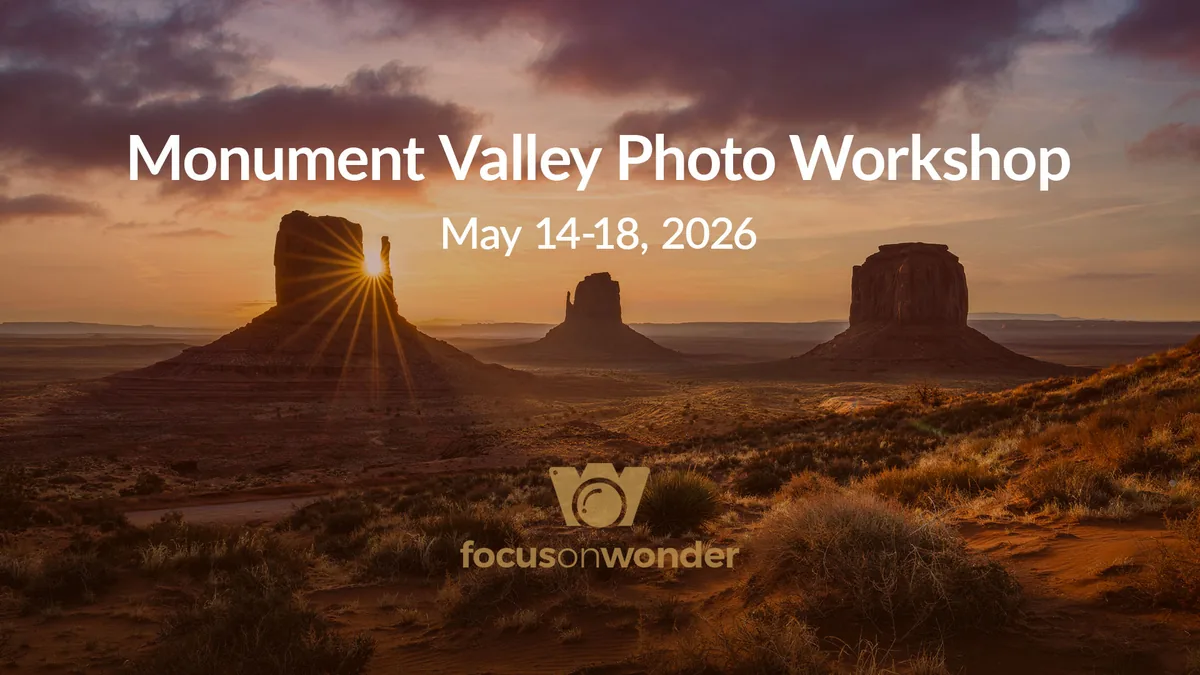 Monument Valley Photo Workshop, May 14-18, 2026 — promotional graphic over the Mittens at sunrise