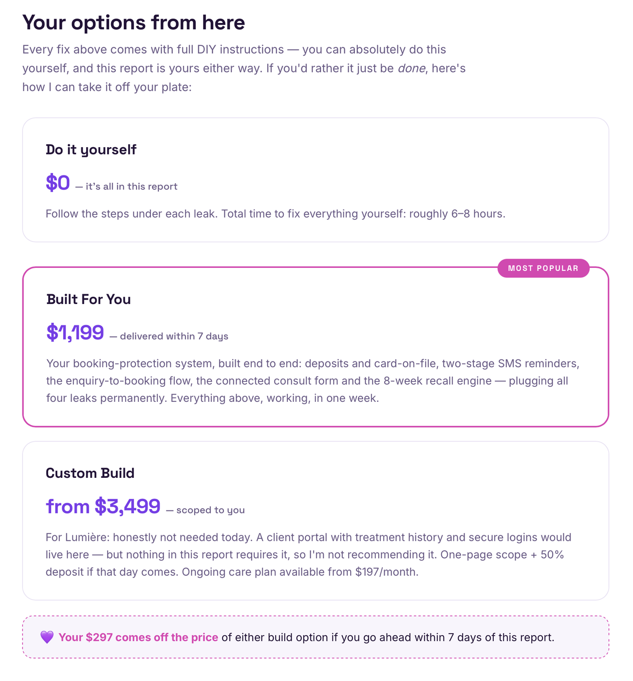 Sample report — your options and pricing
