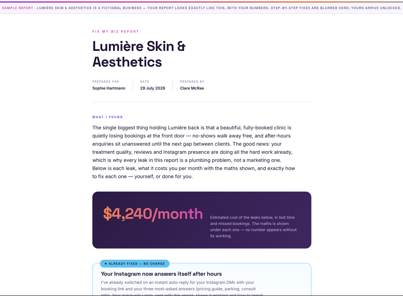 Sample Fix My Biz report — cover and summary