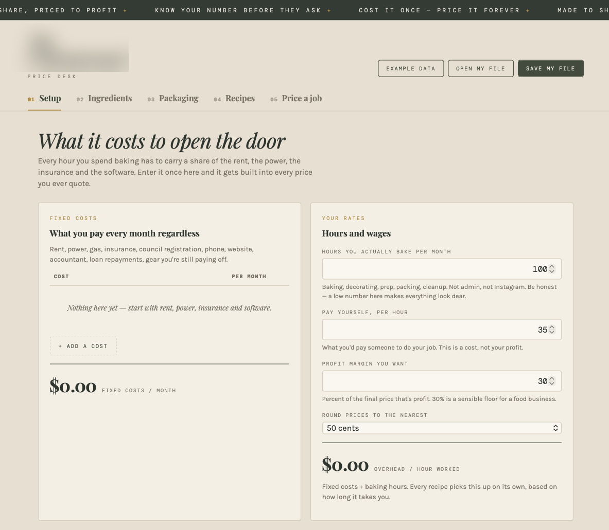 Custom recipe and pricing desk