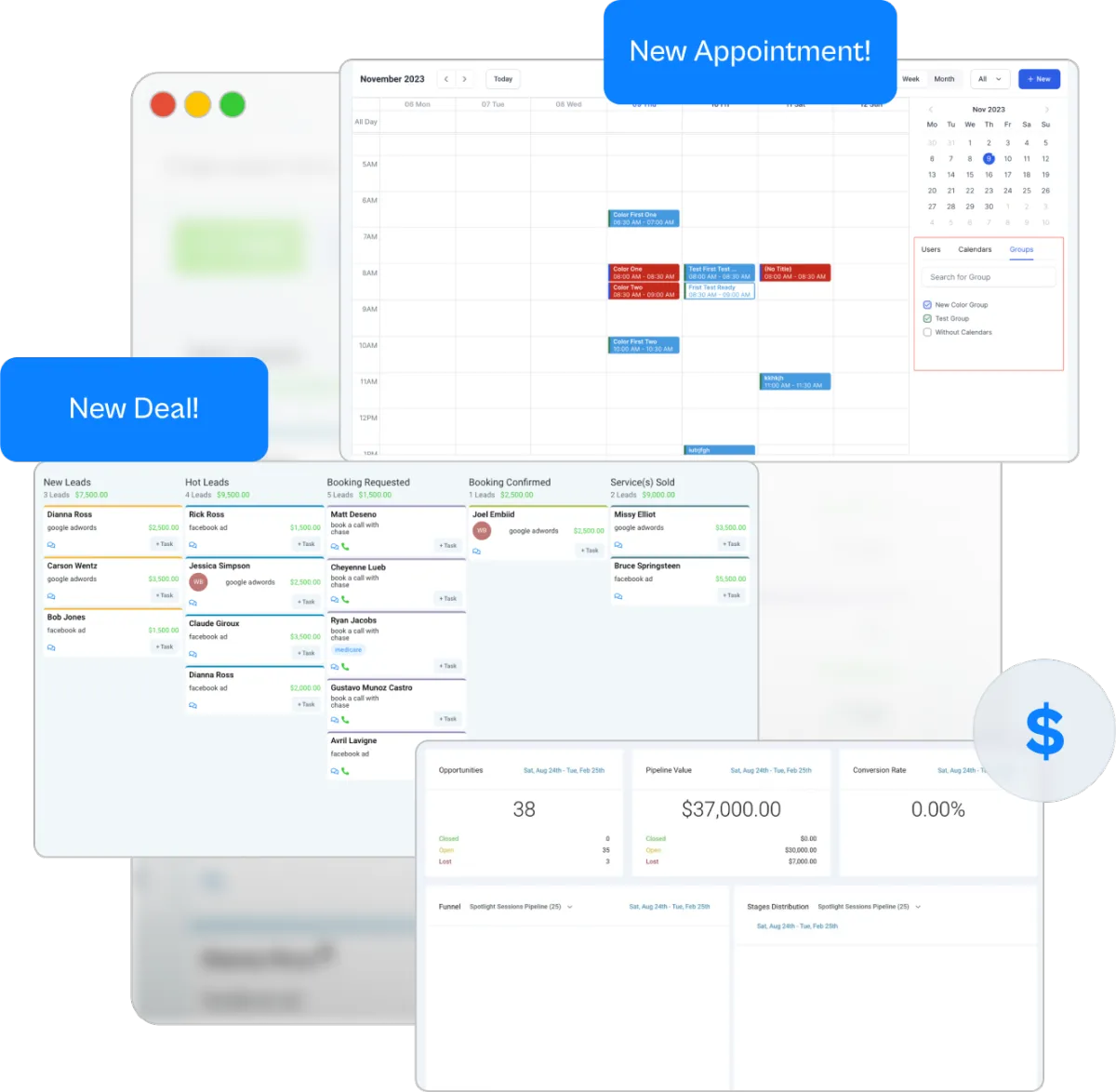 AI-powered business dashboard showing lead pipeline, automated calendar bookings, and sales funnel analytics for small businesses