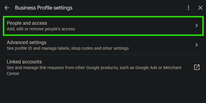 Business Profile settings with People and access highlighted