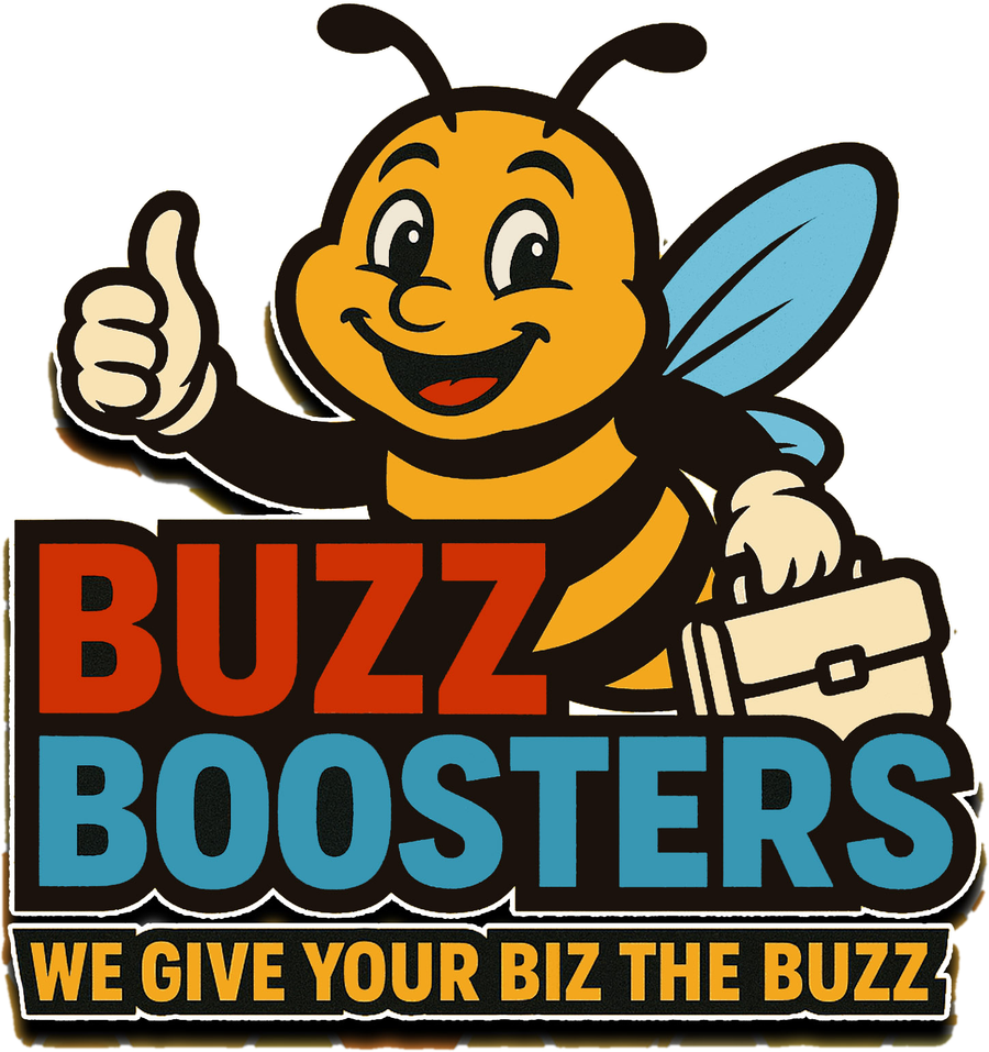 Buzz Boosters bee mascot giving a thumbs up: We give your biz the buzz