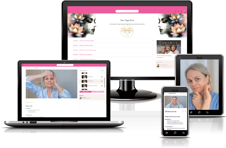 The Face Yoga Diva course portal on computer, laptop, tablet and phone