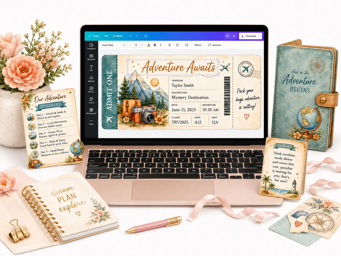 A laptop workspace showing a travel ticket being designed in Canva alongside related printable gift pieces