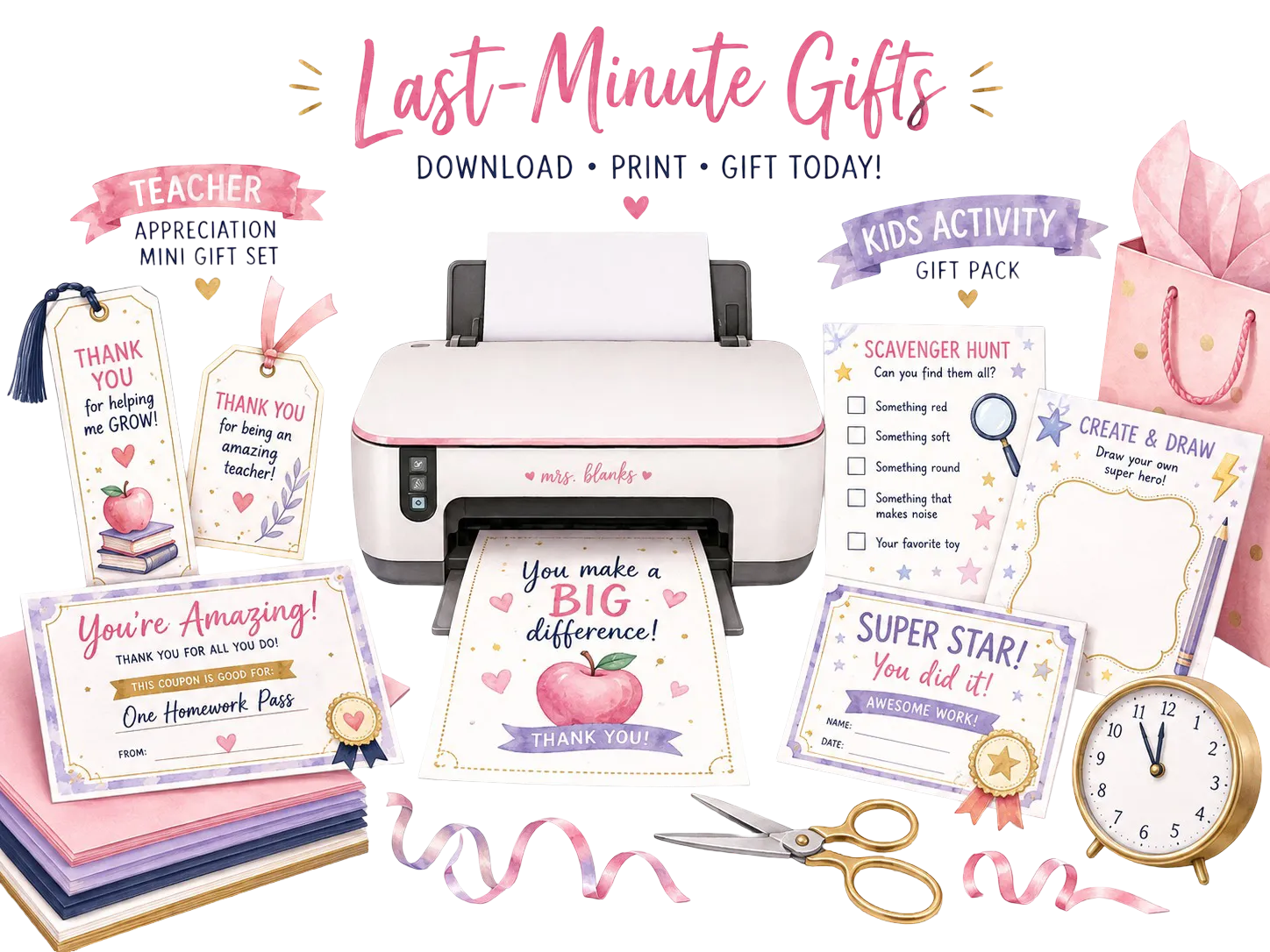 A last-minute gifts illustration with a printer and two different printable gift bundle examples on a white background