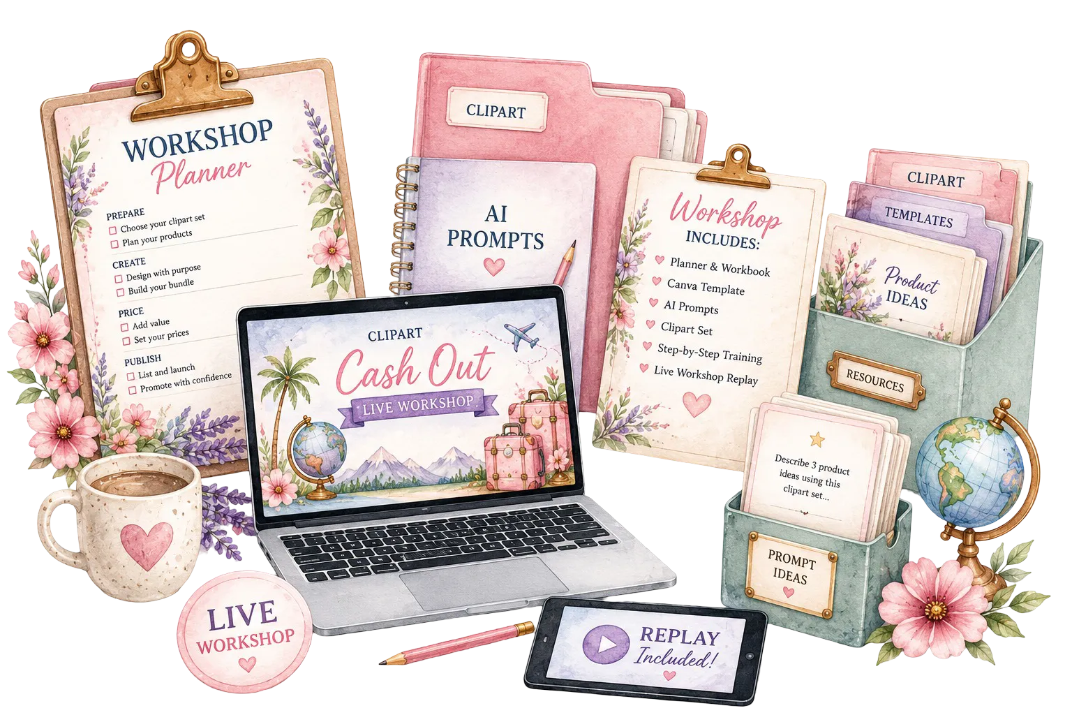 A watercolor workshop bundle illustration with a planner, AI prompts, resource folders, laptop and replay phone