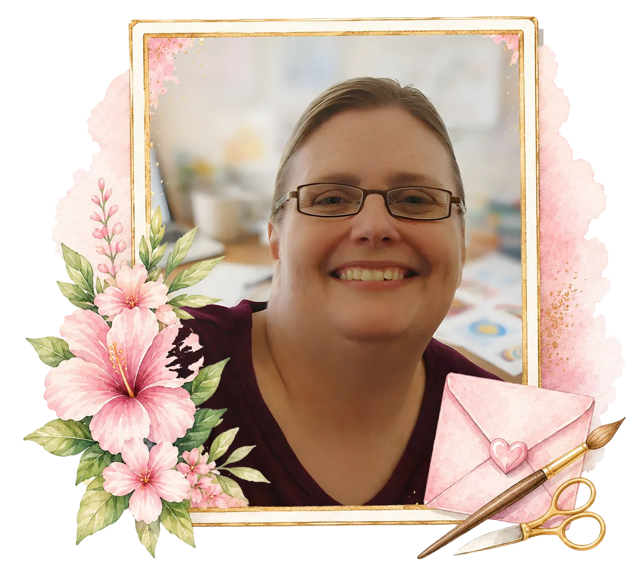 Lynn, also known as Mrs. Blanks, smiling in a decorative watercolor floral frame