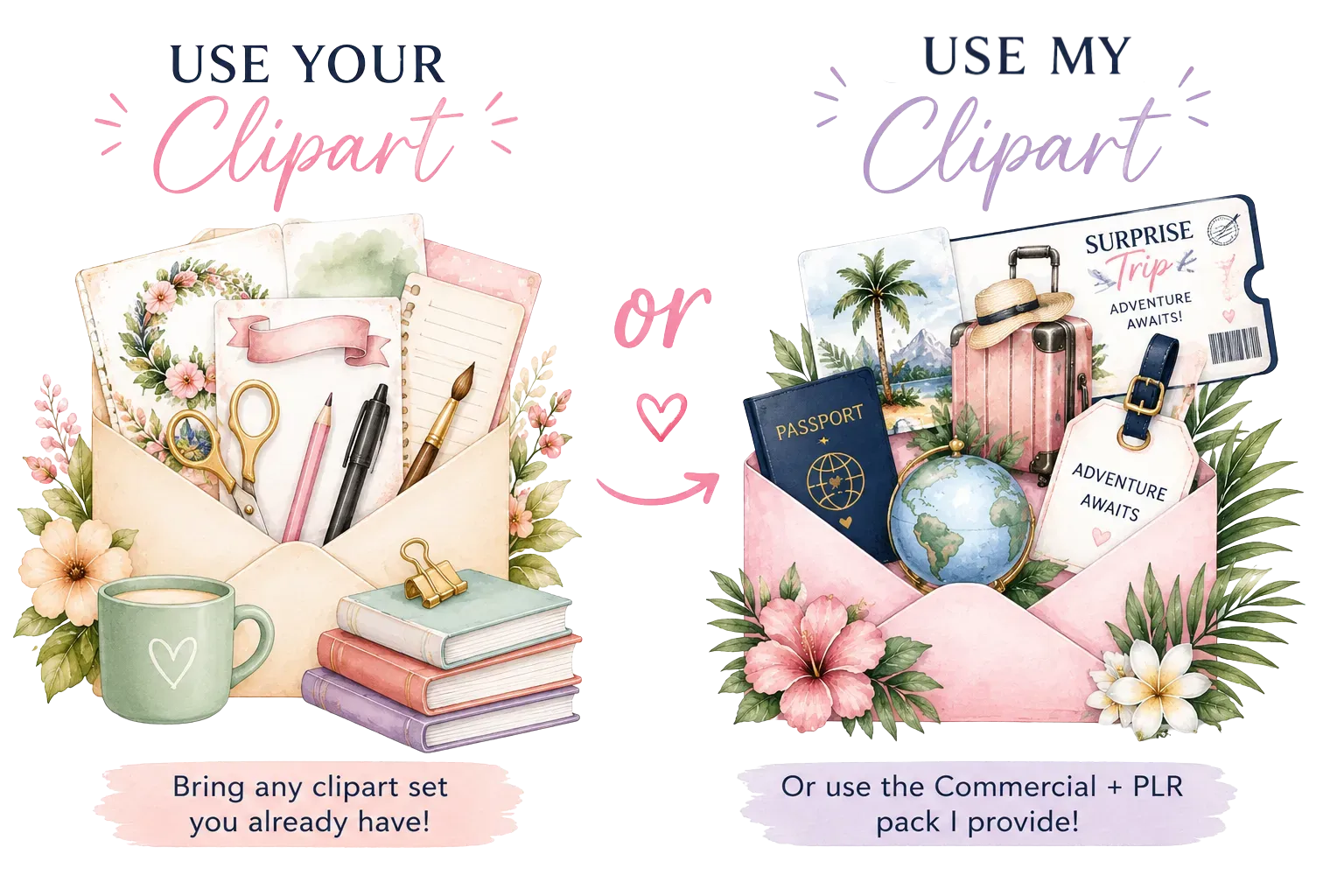 Side by side comparison showing using your own clipart or the provided travel clipart workshop pack