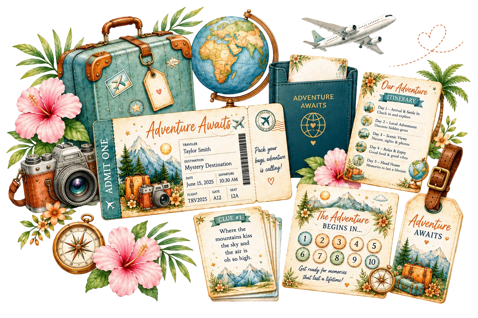 A pretty printable gift bundle scene with coordinated travel reveal pieces and tropical clipart on a white background