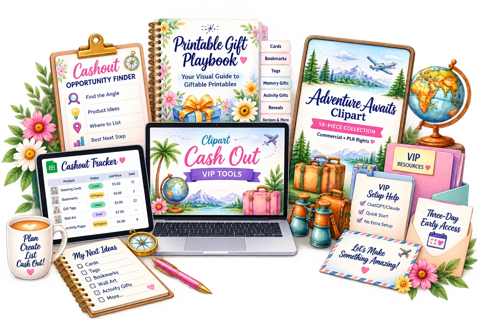 Clipart Cashout VIP toolkit including the Cashout Opportunity Finder, Printable Gift Playbook, Cashout Tracker, Adventure Awaits clipart, setup help and early access