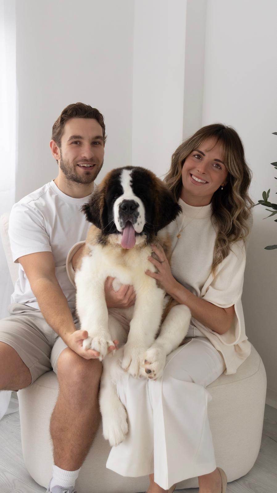Couple smiling with their Saint Bernard puppy