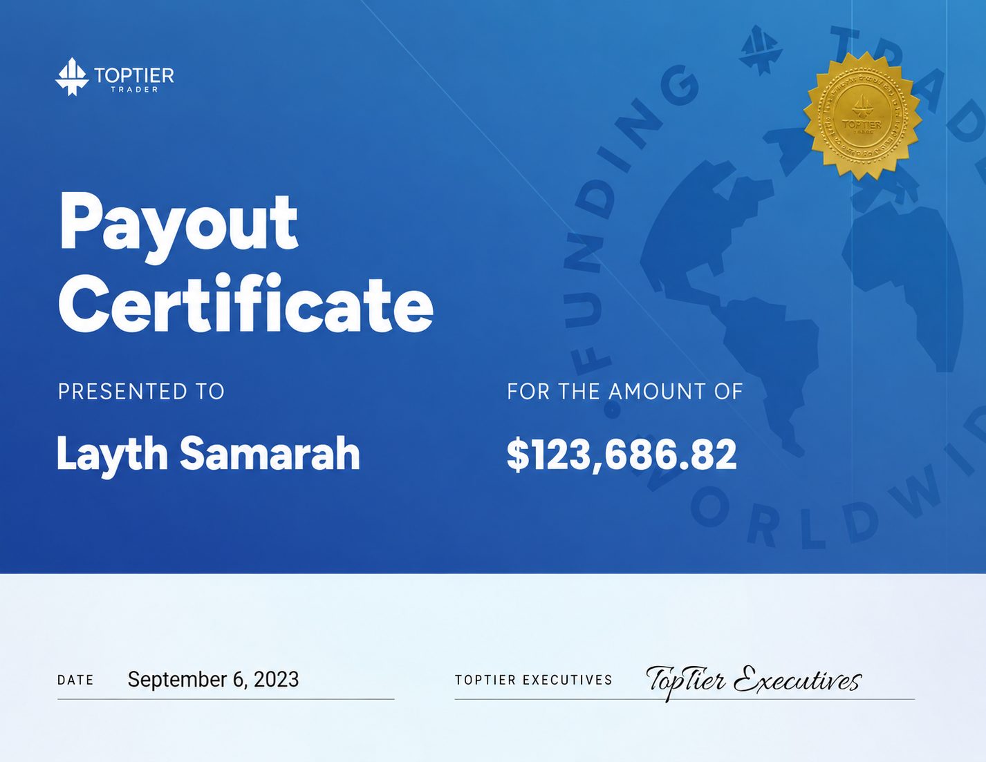 TopTier Trader payout certificate for $123,686.82 presented to Layth Samarah