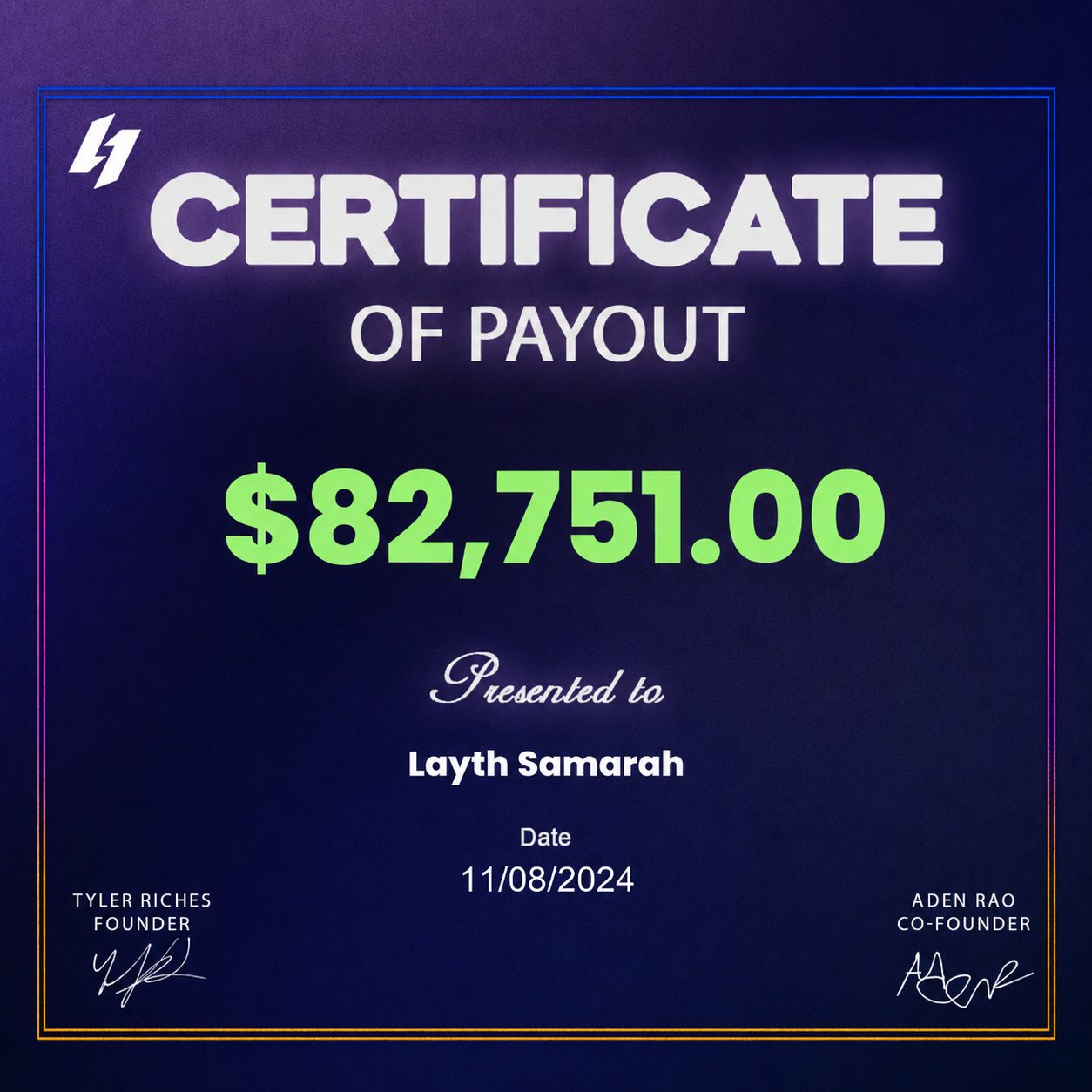 Certificate of payout for $82,751.00 presented to Layth Samarah