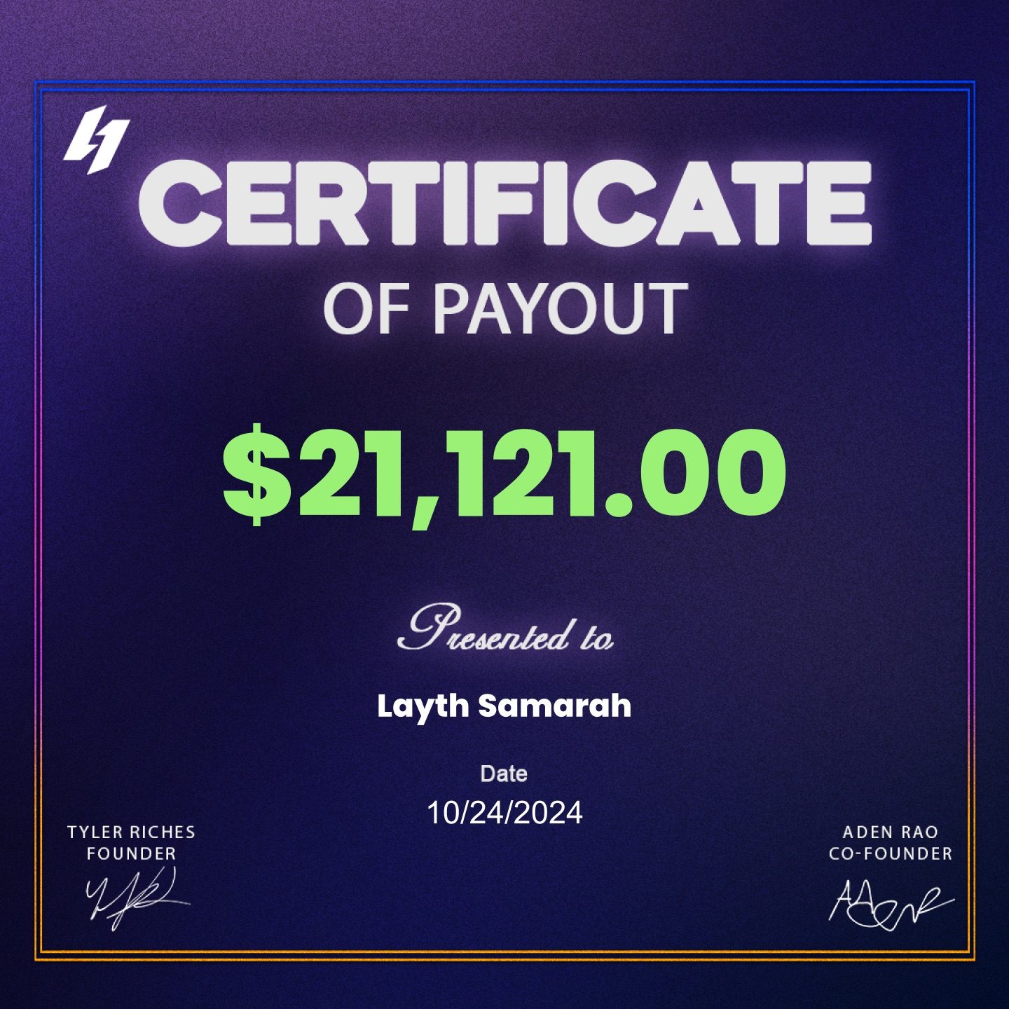 Certificate of payout for $21,121.00 presented to Layth Samarah