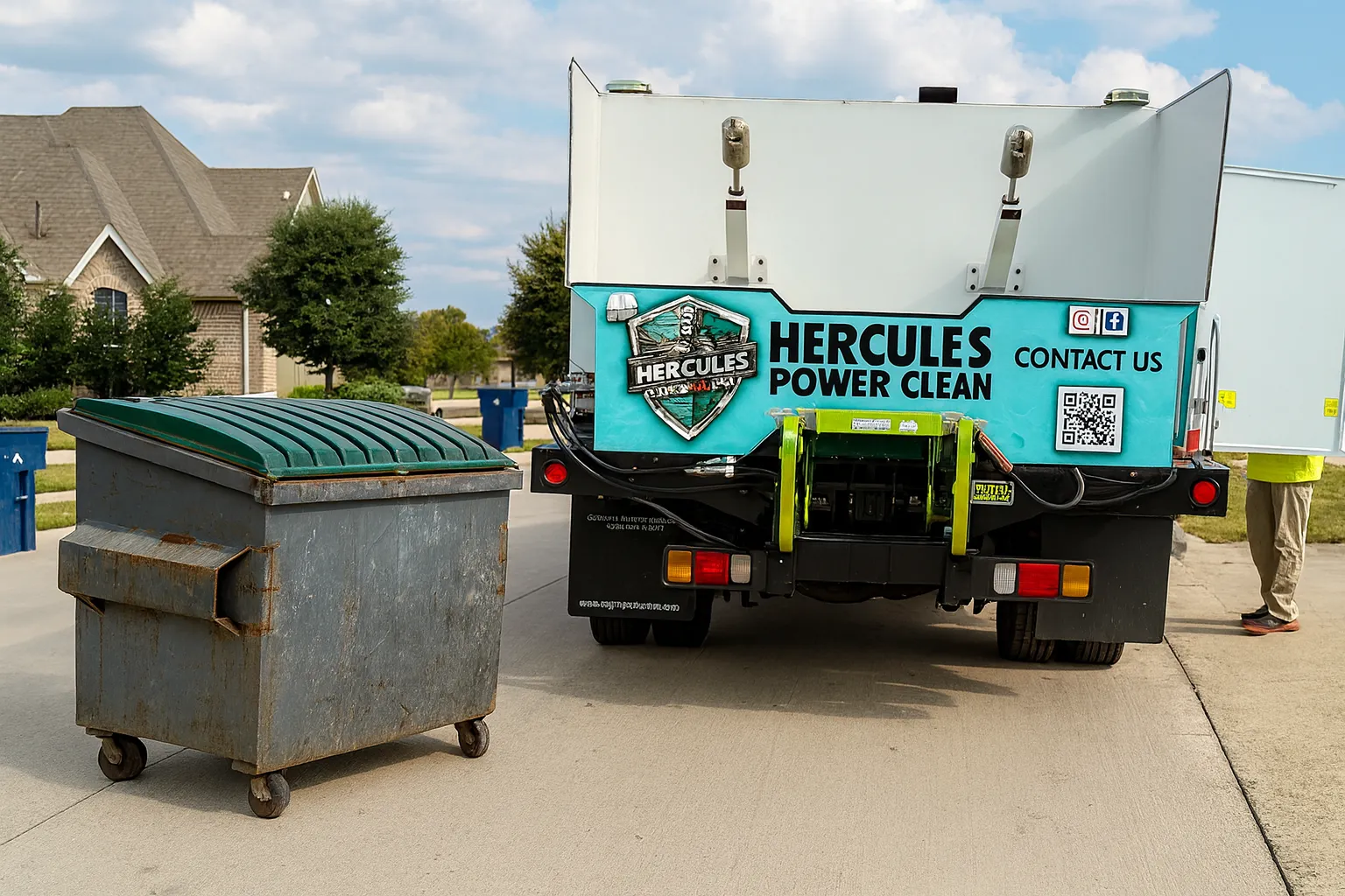 Hercules Power Clean truck sanitizing trash bins in a suburban driveway with residential homes in the background.