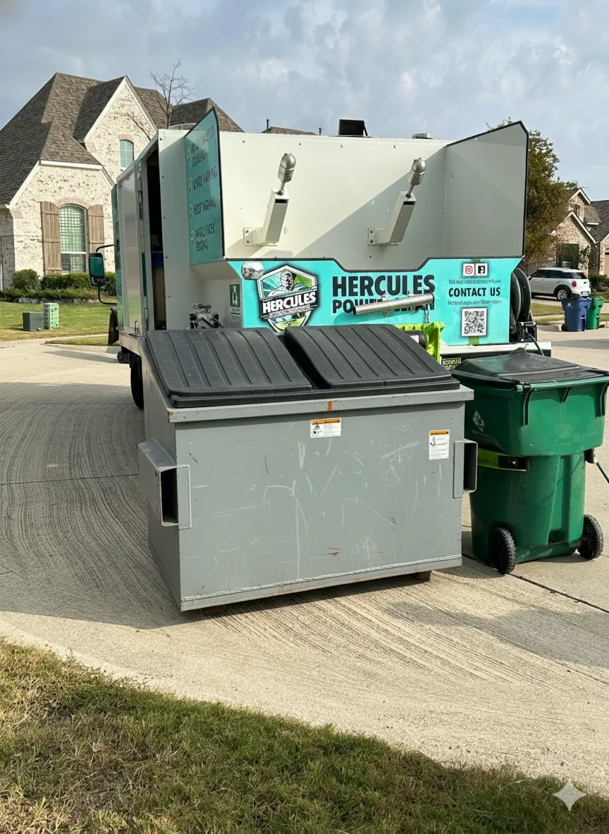 Trash dumpster in front of a Hercules Power Clean truck on a residential street, prepared for cleaning service.
