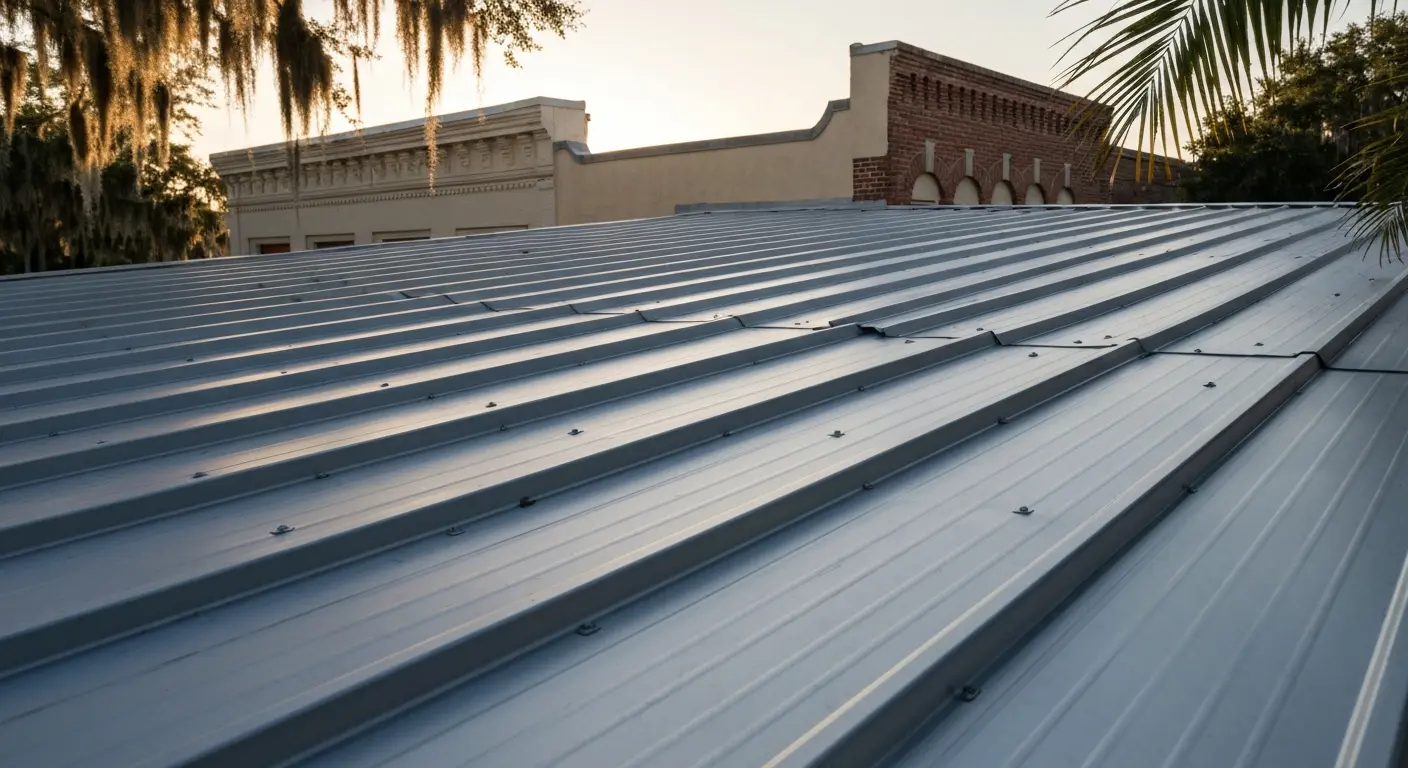 Sheet metal roof panels on commercial building