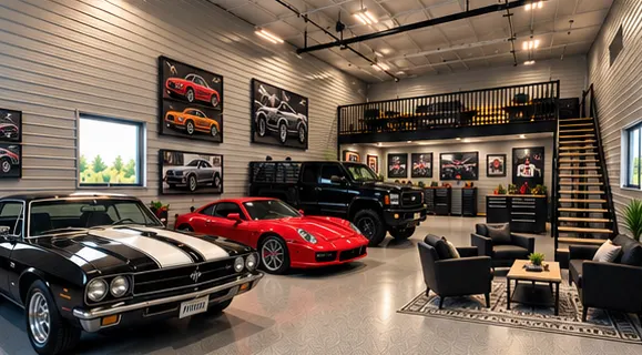 Concept rendering: a car collector garage with vehicles, lighting and lounge space