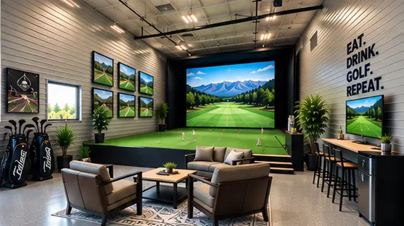 Concept rendering: a golf enthusiast garage with a putting area and lounge