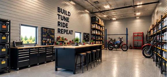 Concept rendering: a garage workshop with benches, tools and storage