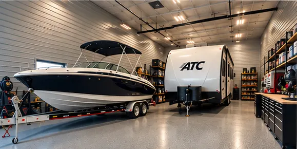 Concept rendering: a garage storing a boat and RV with room to move around