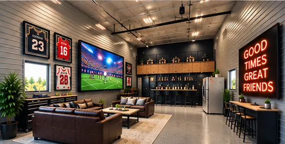 Concept rendering: a garage converted into a game room with seating and screens
