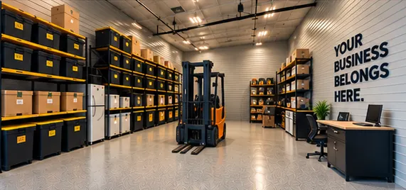 Concept rendering: a garage used for organized business storage and shelving