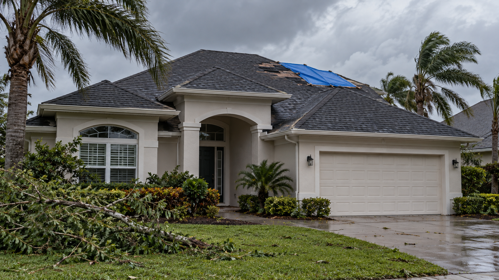 Illustration of a Florida home with missing roof shingles and a protective tarp after a storm