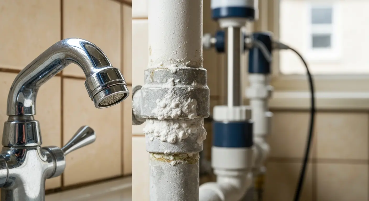Mineral buildup in plumbing fixtures from hard water in Brighton homes
