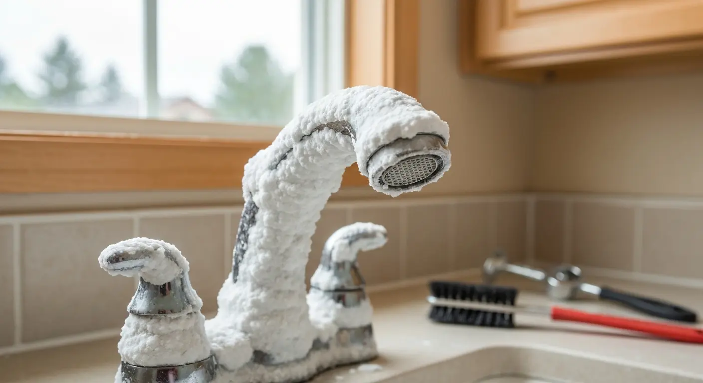 Hard water damage scale buildup on Loveland plumbing fixture