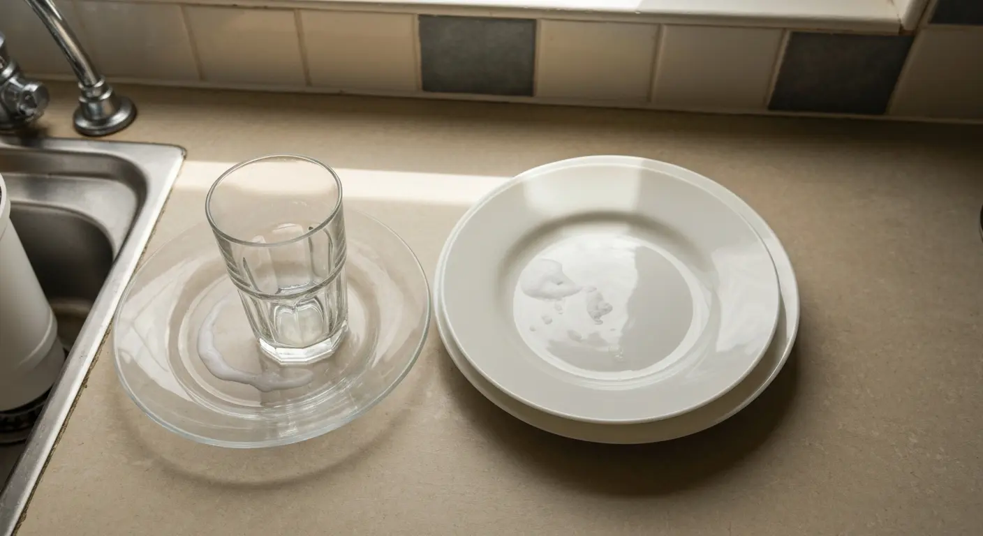 Spotty dishes and cloudy glassware caused by hard water residue