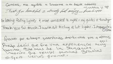 Handwritten thank-you notes from clients, in English and Spanish