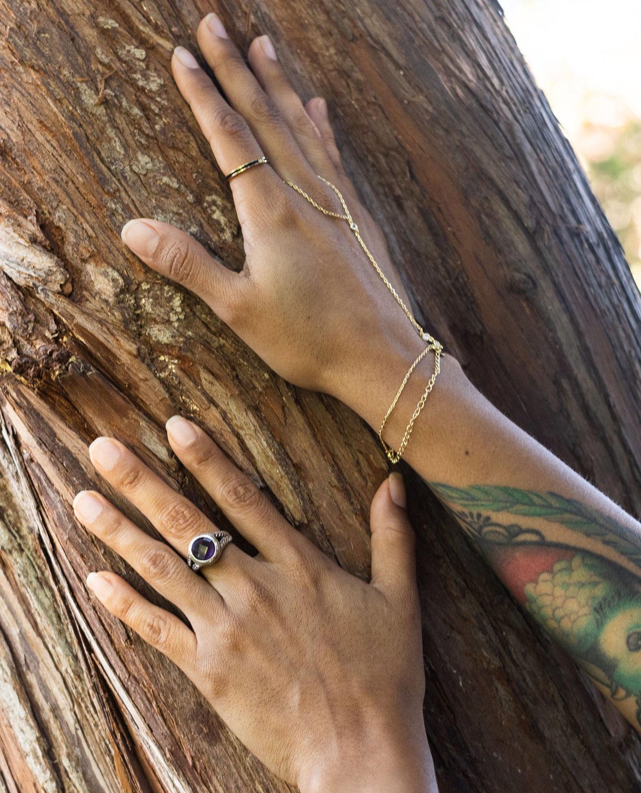 Andrea’s hands resting on the bark of a tree