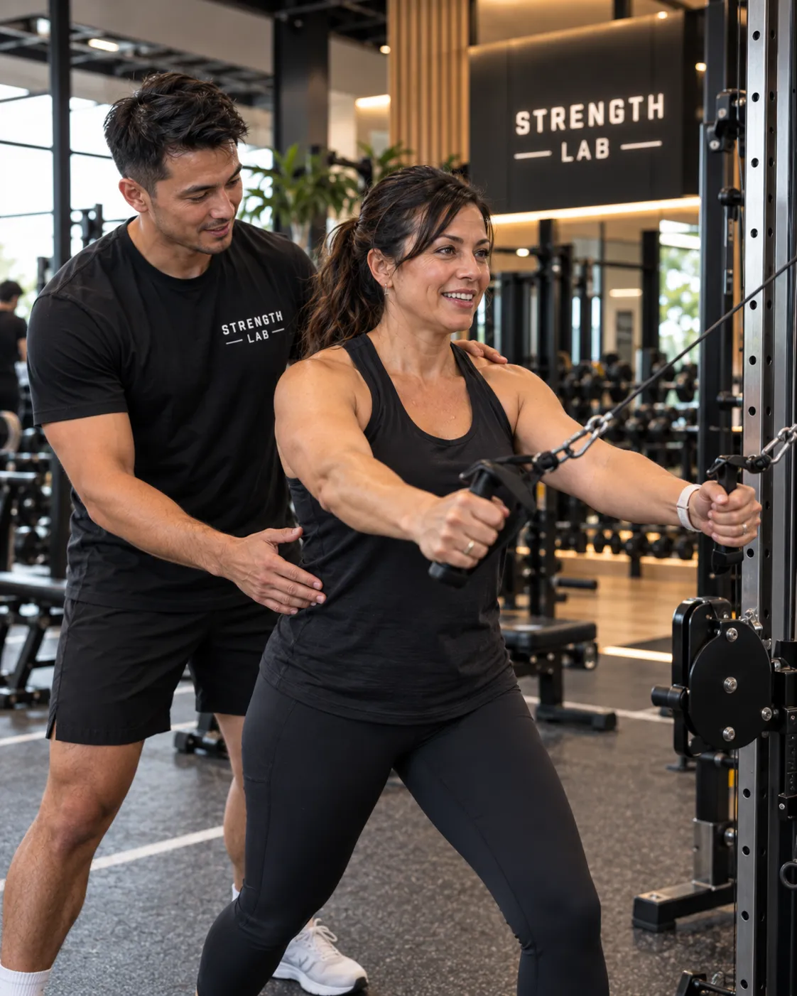 Strength Lab trainer reviewing a member's progress on a tablet
