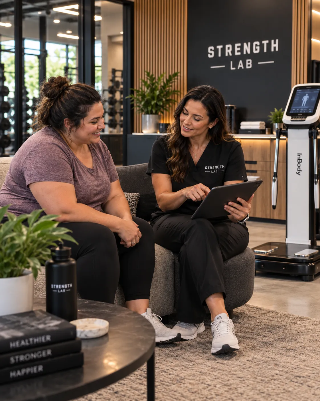 Strength Lab trainer reviewing a member's progress on a tablet