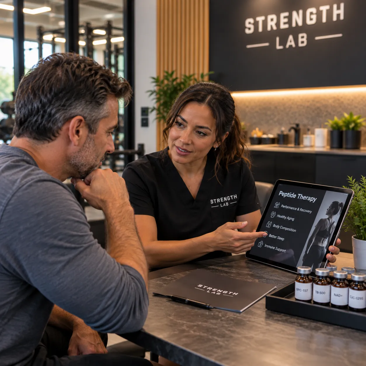 Strength Lab trainer reviewing a member's progress on a tablet