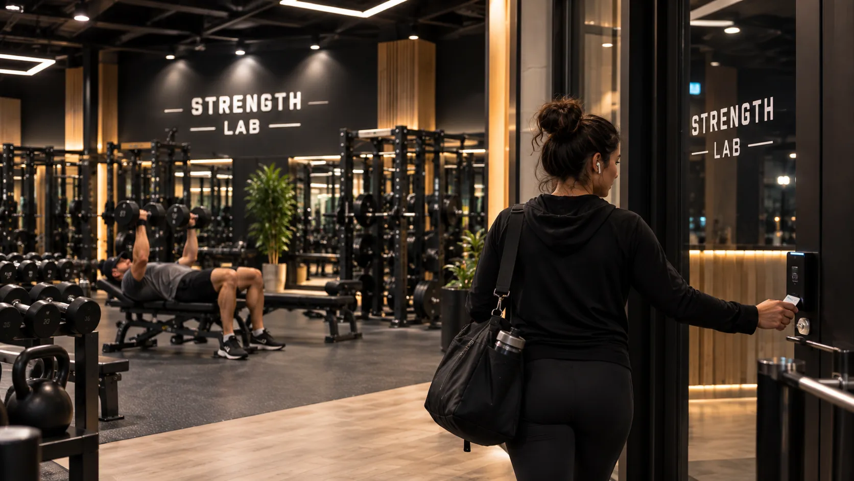 Strength Lab trainer reviewing a member's progress on a tablet