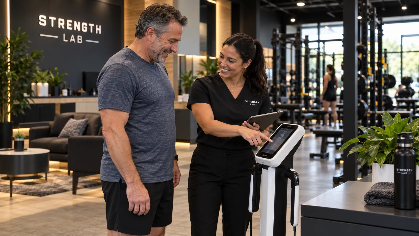 Strength Lab trainer reviewing a member's progress on a tablet