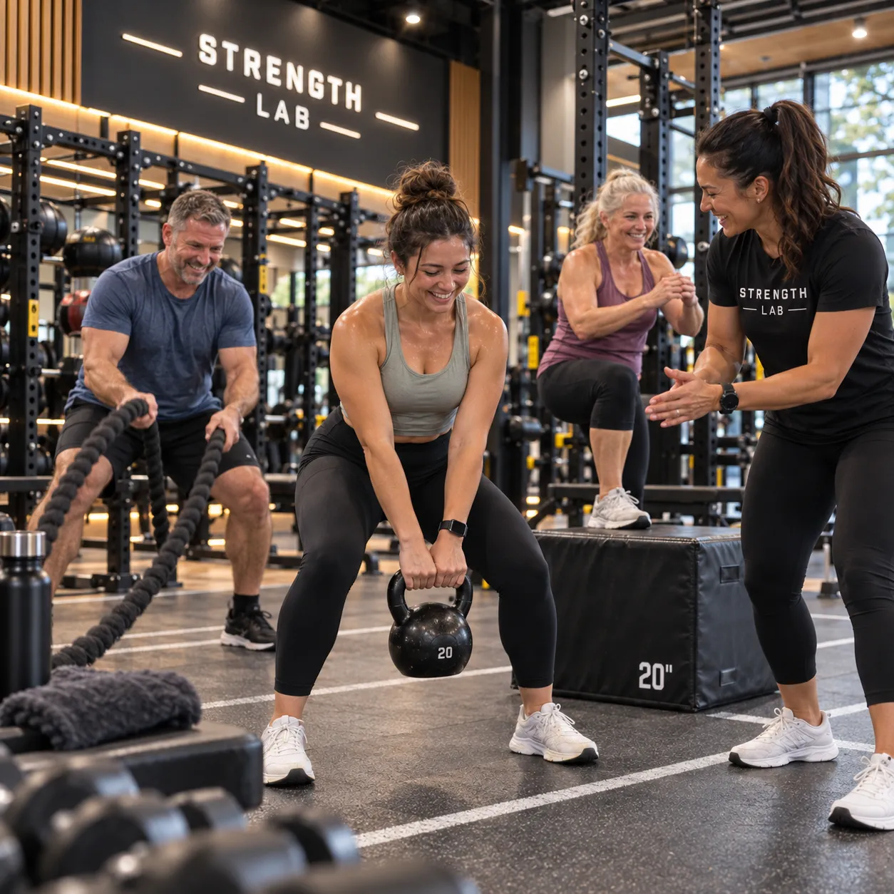 Strength Lab trainer reviewing a member's progress on a tablet
