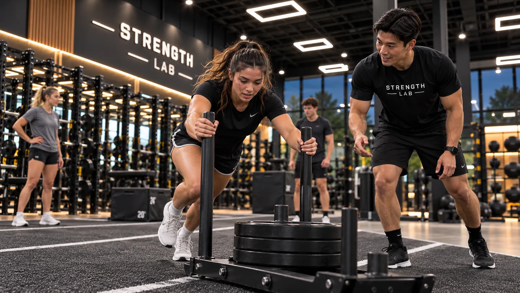Strength Lab trainer reviewing a member's progress on a tablet