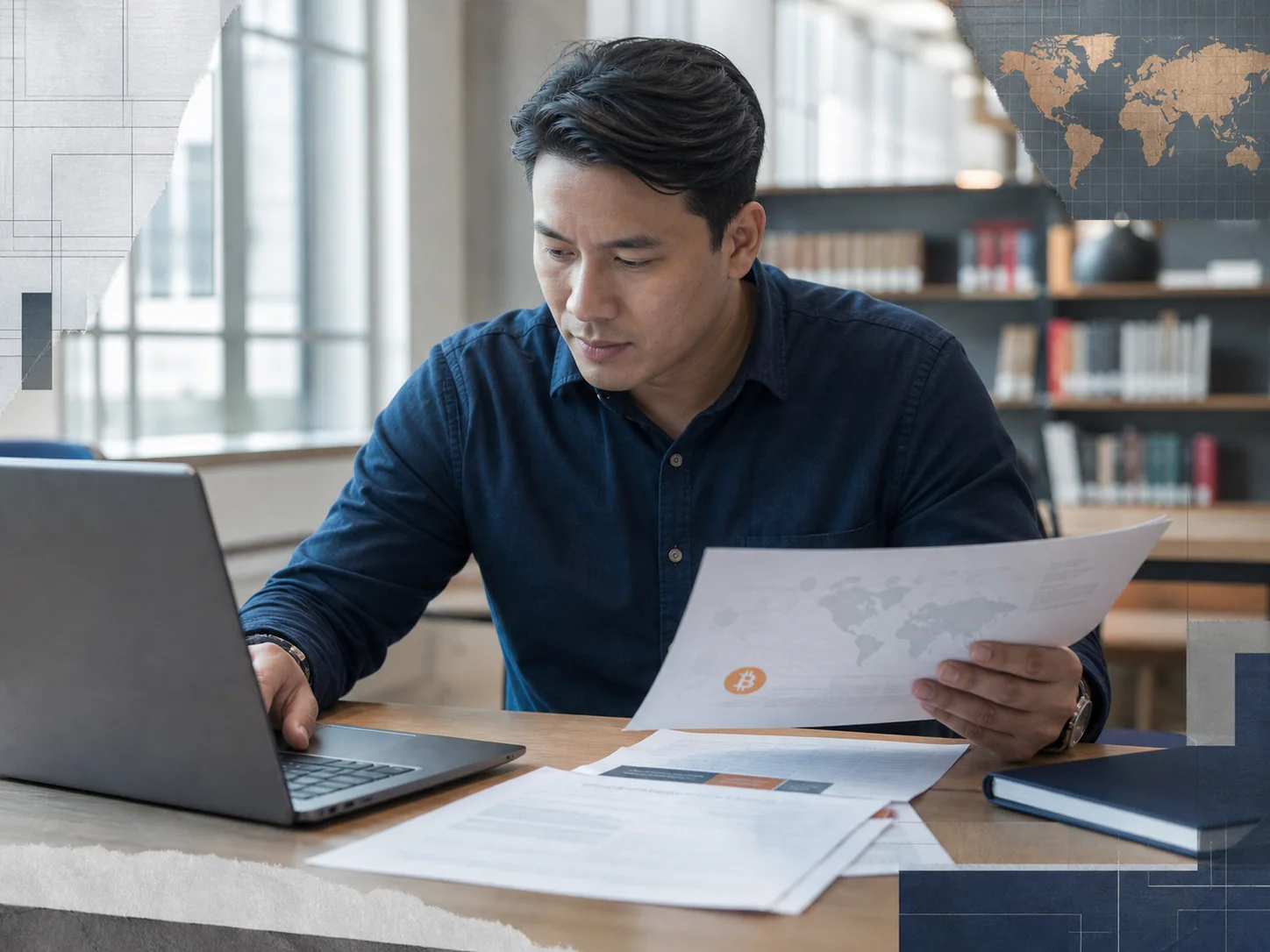 Researcher reviewing Bitcoin employment evidence at a laptop