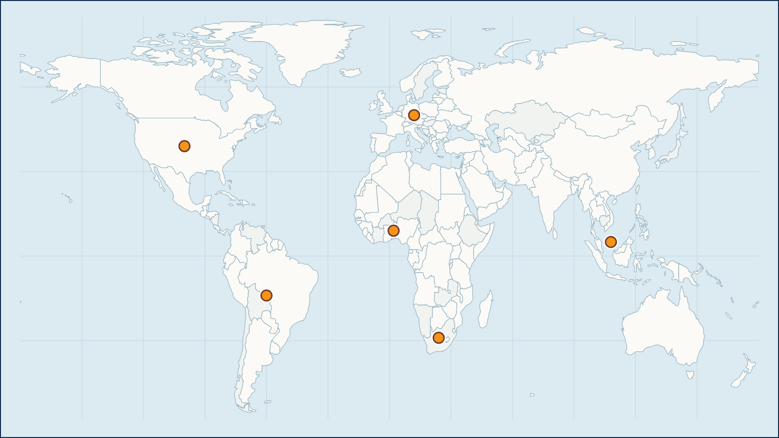 World map marking research regions in North America, Latin America, Europe, West Africa, Southern Africa, and Southeast Asia