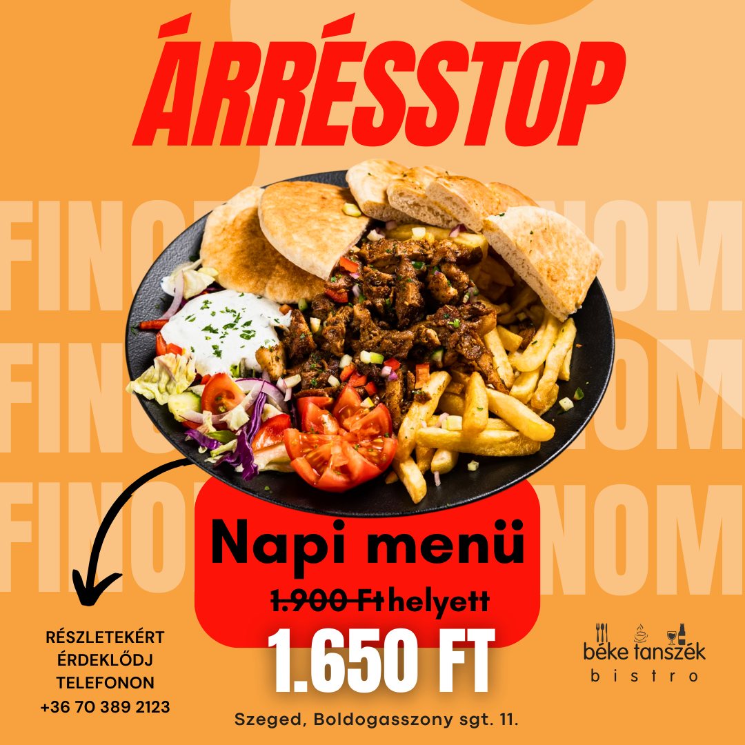 Friss, házias étkezés Szegedről, ropogós húsok, fűszeres sült burgonya, és savanyúságok egy tálban, napi menü és előfizetési lehetőséggel.